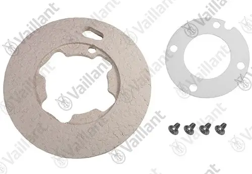 Vaillant Isolierplatte und Metallabdeckung mit vier Schrauben, zur Verwendung in Heizungsanlagen, auf hellem Hintergrund abgebildet.